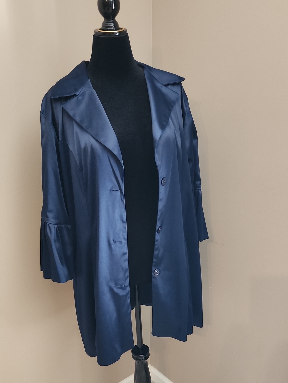Ashley Stewart Navy Satin Peacoat with Ruffle Flared Cuffs